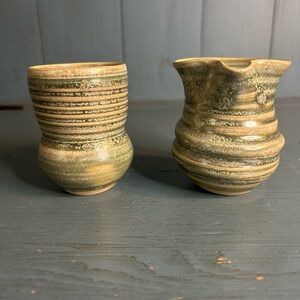 Clay Pottery Handmade Sage Green Creamer & Sugar 1970s Vintage
